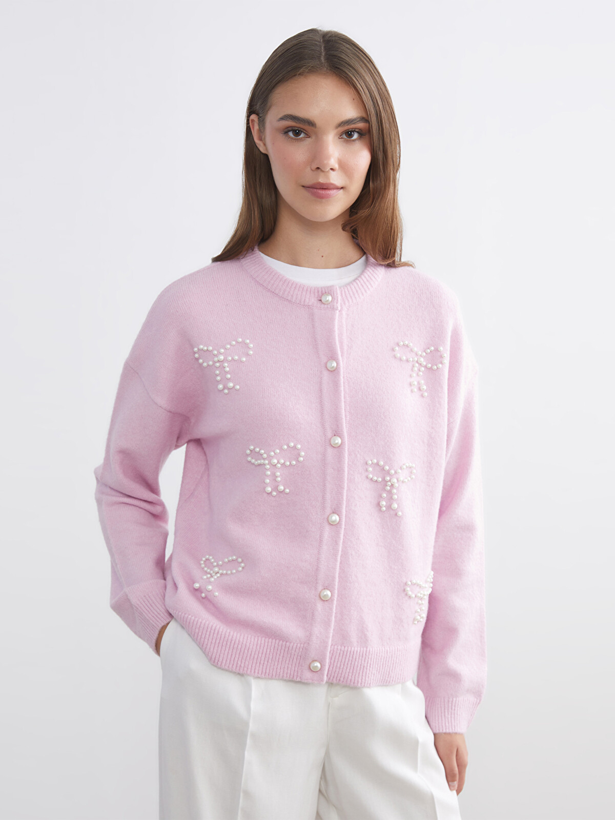 LCW Modest Crew Neck Beaded Women's Knit Cardigan - W5EB29Z8-DRH
