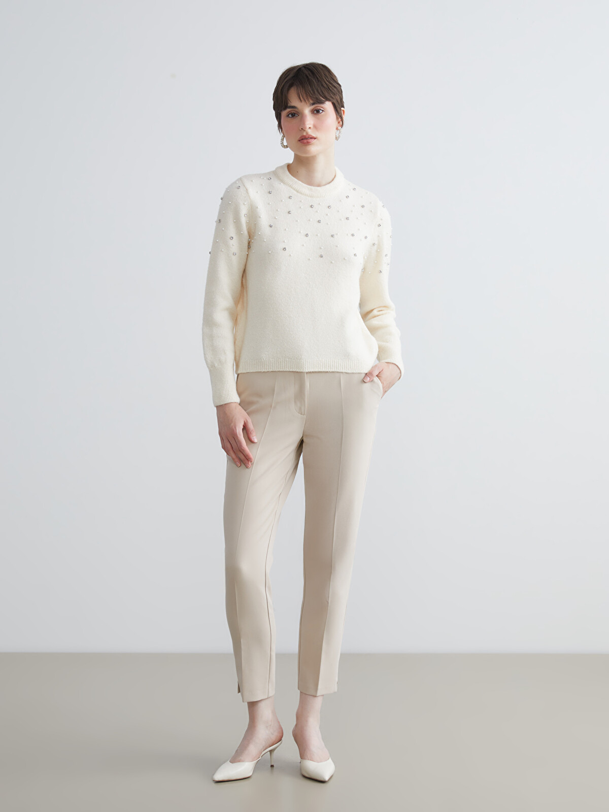 LCW Vision Crew Neck Rhinestone Embellished Women's Knit Sweater