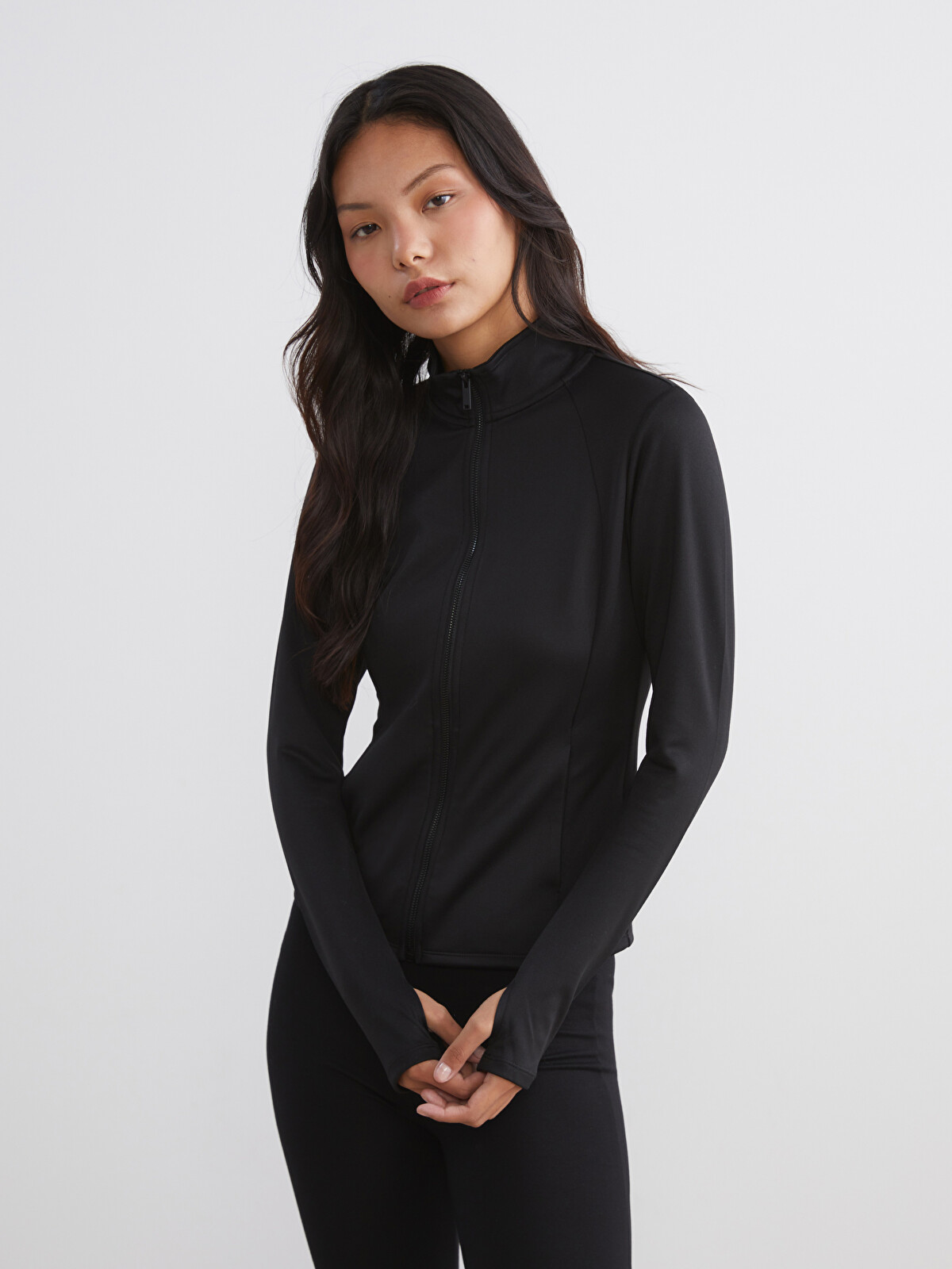 KOOR SPORT Dik Yaka Parmak Geçmeli Kadın Fermuarlı Sweatshirt