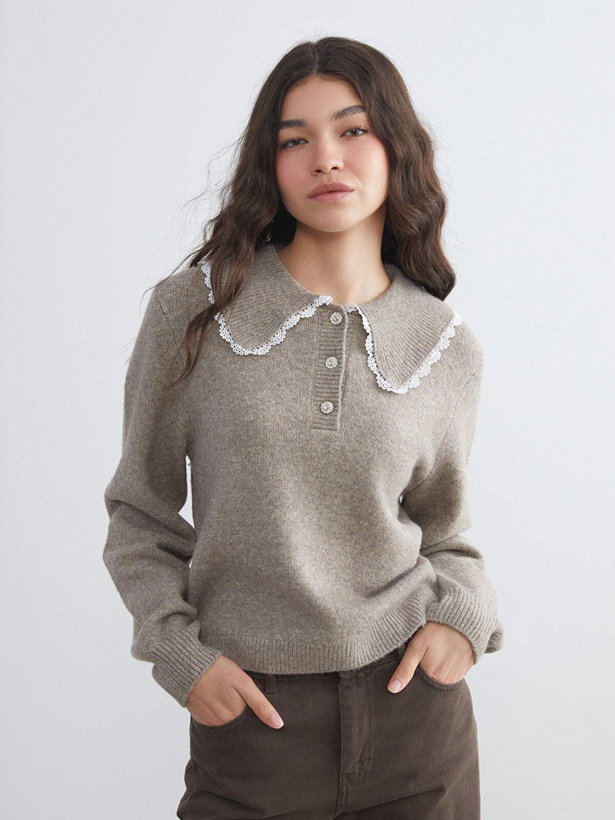 XSIDE Lace Peter Pan Collar Women's Knit Sweater - W5EV18Z8-PS7