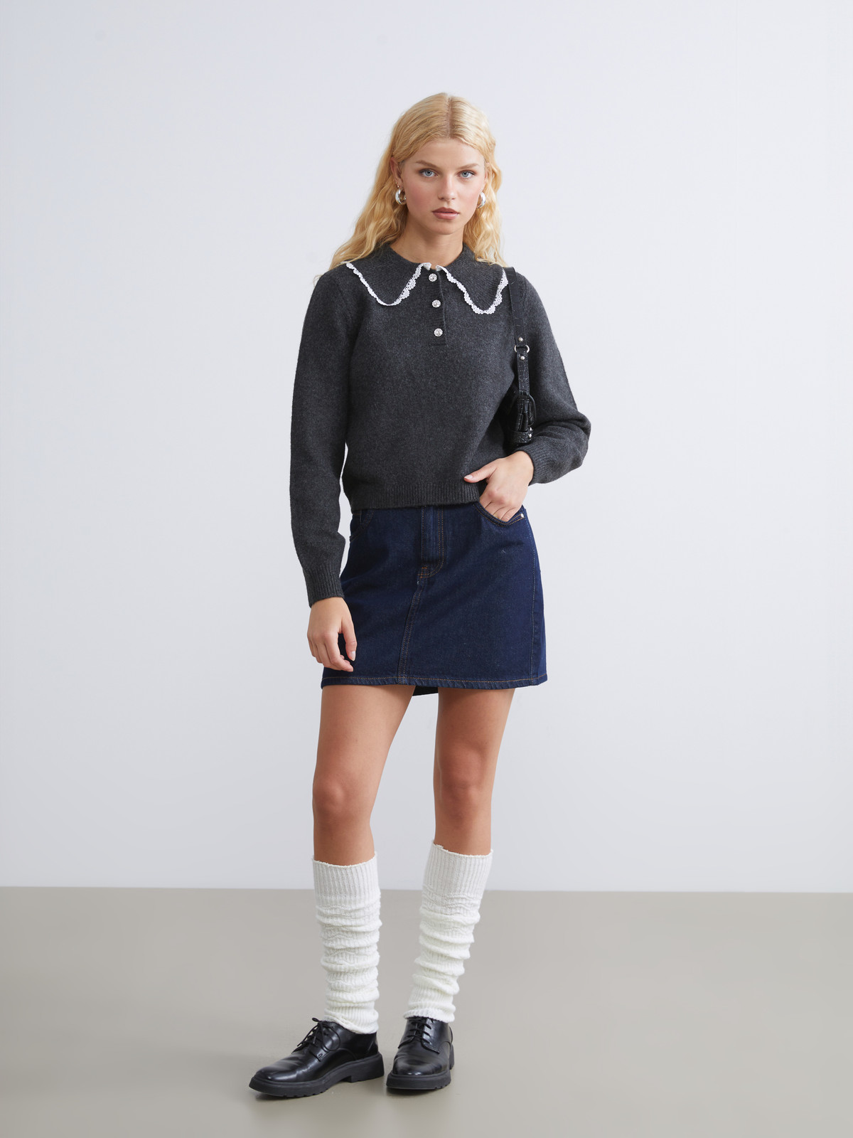 アイドル ExWHYZ Check collar knit onepiece XSIDE Lace Peter Pan Collar Women's Knit Sweater - W5EV18Z8-VDL