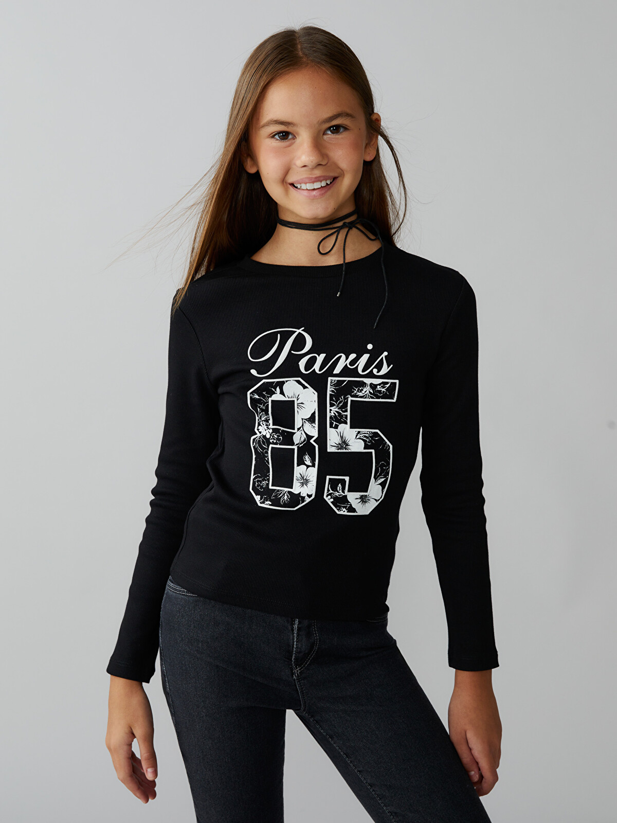 ウェア ku444 LCW Kids Siyah Bisiklet Yaka Paris Baskılı Kız Çocuk Tişört