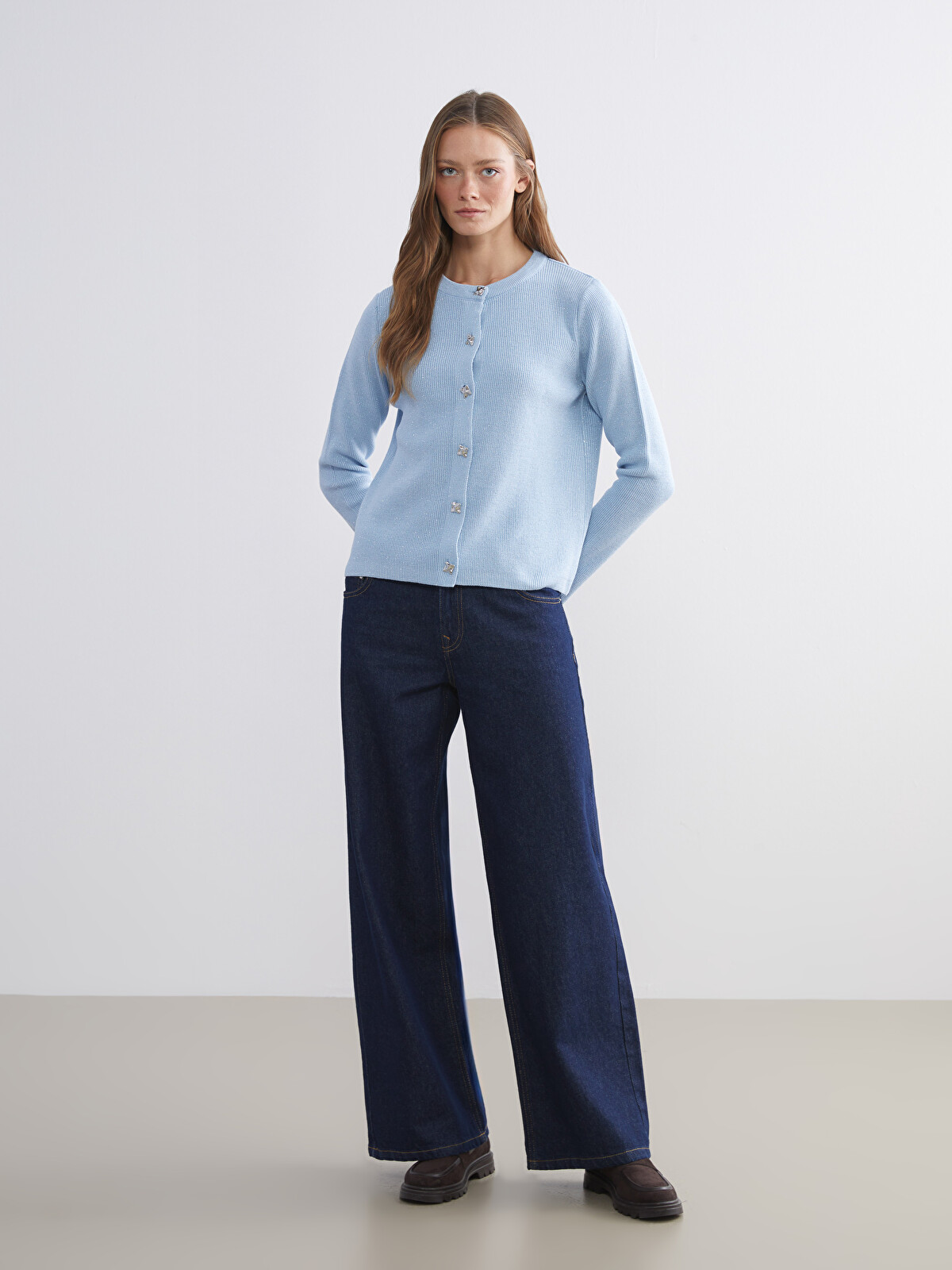 LCW Comfort Mavi Bisiklet Yaka Kadın Triko Hırka - W5FF61Z8-DZB | LCW