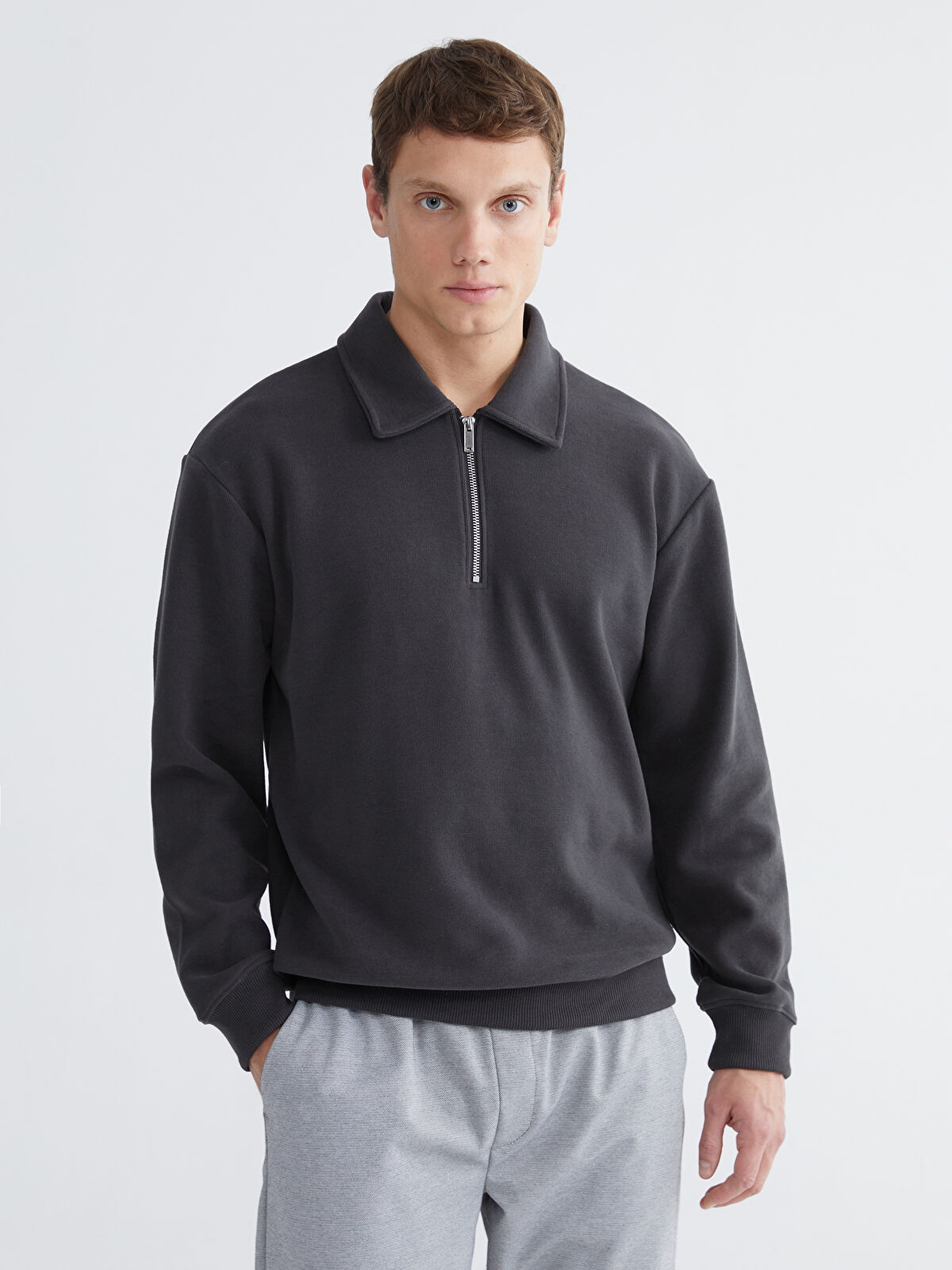 LCW Vision Antrasit Polo Yaka Erkek Sweatshirt - W5FO13Z8-R34 | LCW