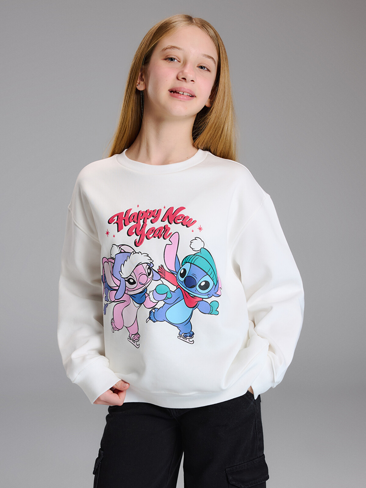 LCW Kids Stitch and Angel Printed Girls' Thick Sweatshirt