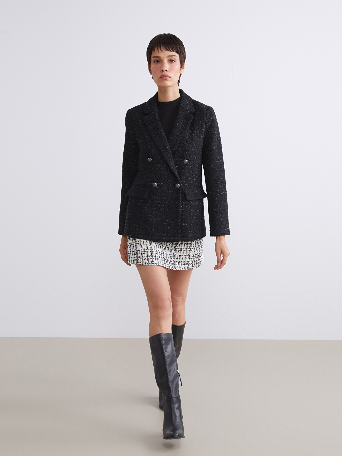 LCW Vision Belted Zippered Plaid Tweed Short Skirt - W5GL06Z8-R9J