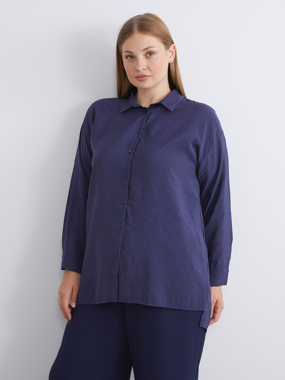 LCW Modest Lacivert Oversize Modal Karışımlı Kadın Gömlek Tunik