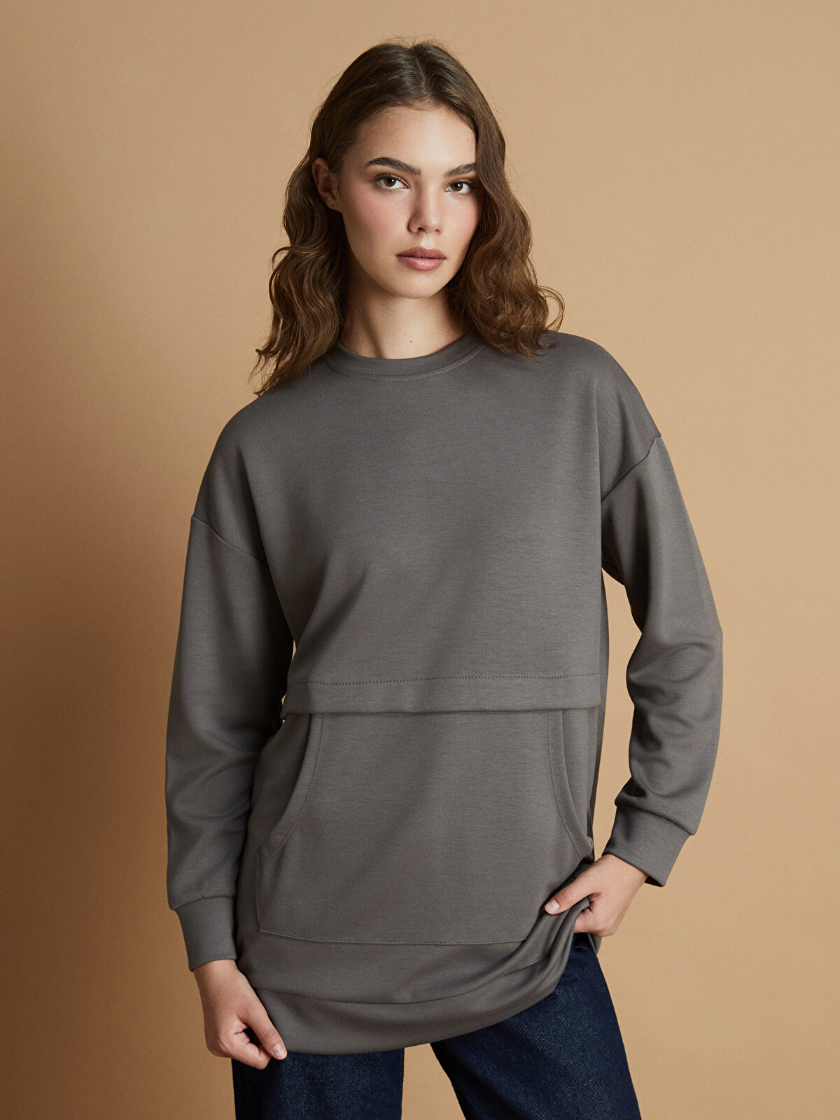 ユイ LCW Modest Büyük Beden Bisiklet Yaka Kadın Sweatshirt Tunik
