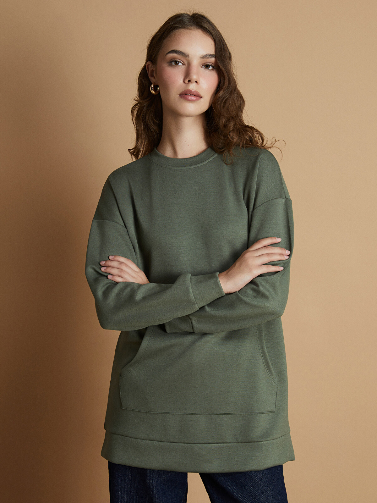 LCW Modest Yeşil Bisiklet Yaka Kadın Sweatshirt Tunik - W5HJ54Z8