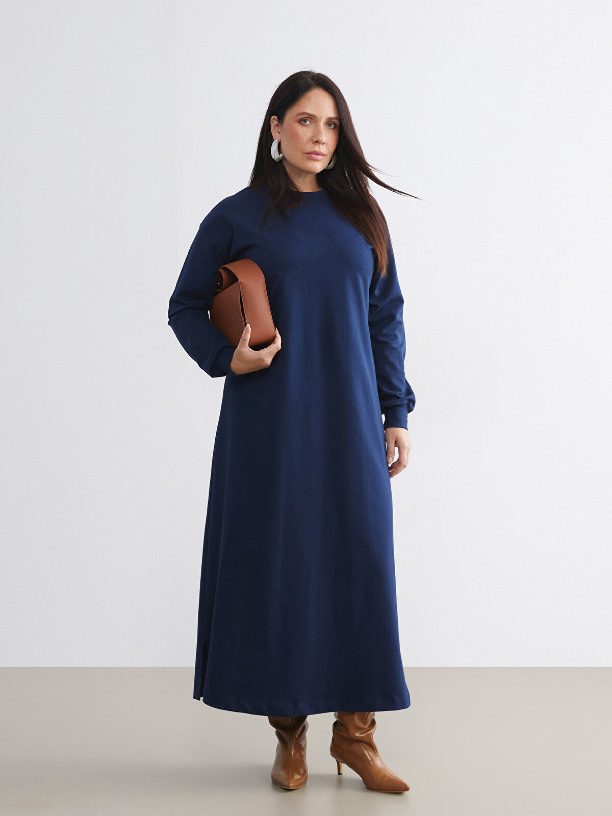 LCW Modest Lacivert Bisiklet Yaka Sweatshirt Elbise - W5I479Z8-VZX