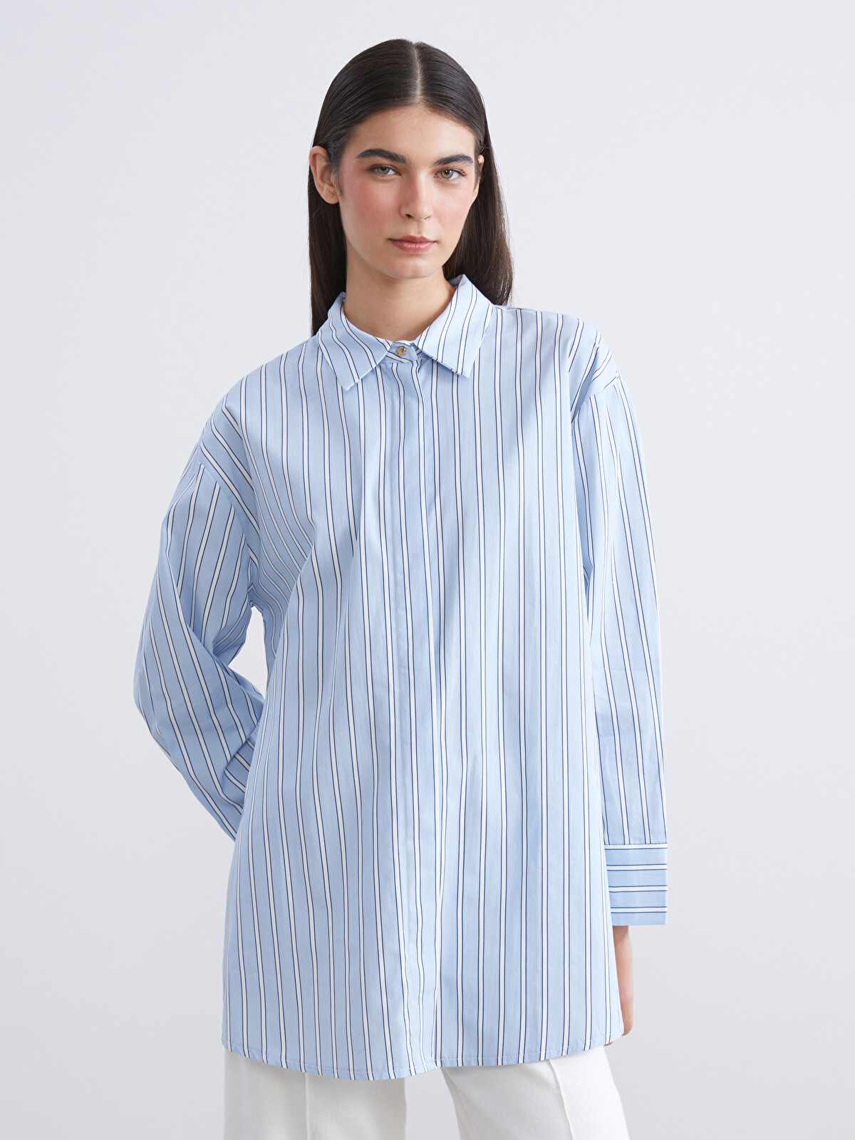 LCW Modest Mavi Çizgili Oversize Poplin Kadın Gömlek Tunik