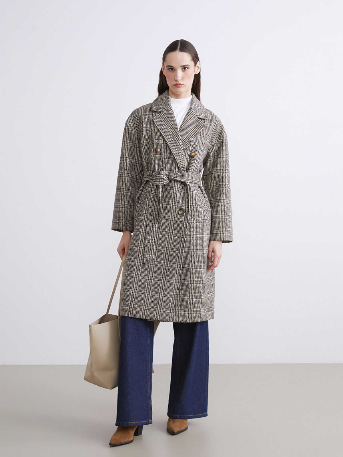 LCW Vision Kruvaze Yaka Desenli Kadın Kaşe Kaban - W5I846Z8-LLL | LCW