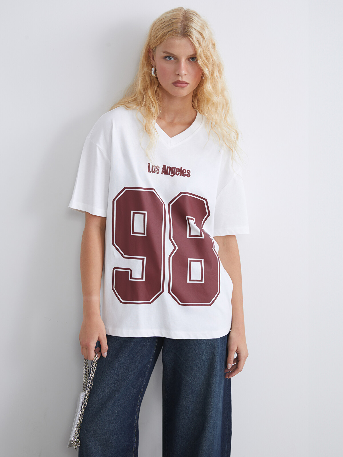 XSIDE V Neck Los Angeles Printed Oversize Women's T-Shirt