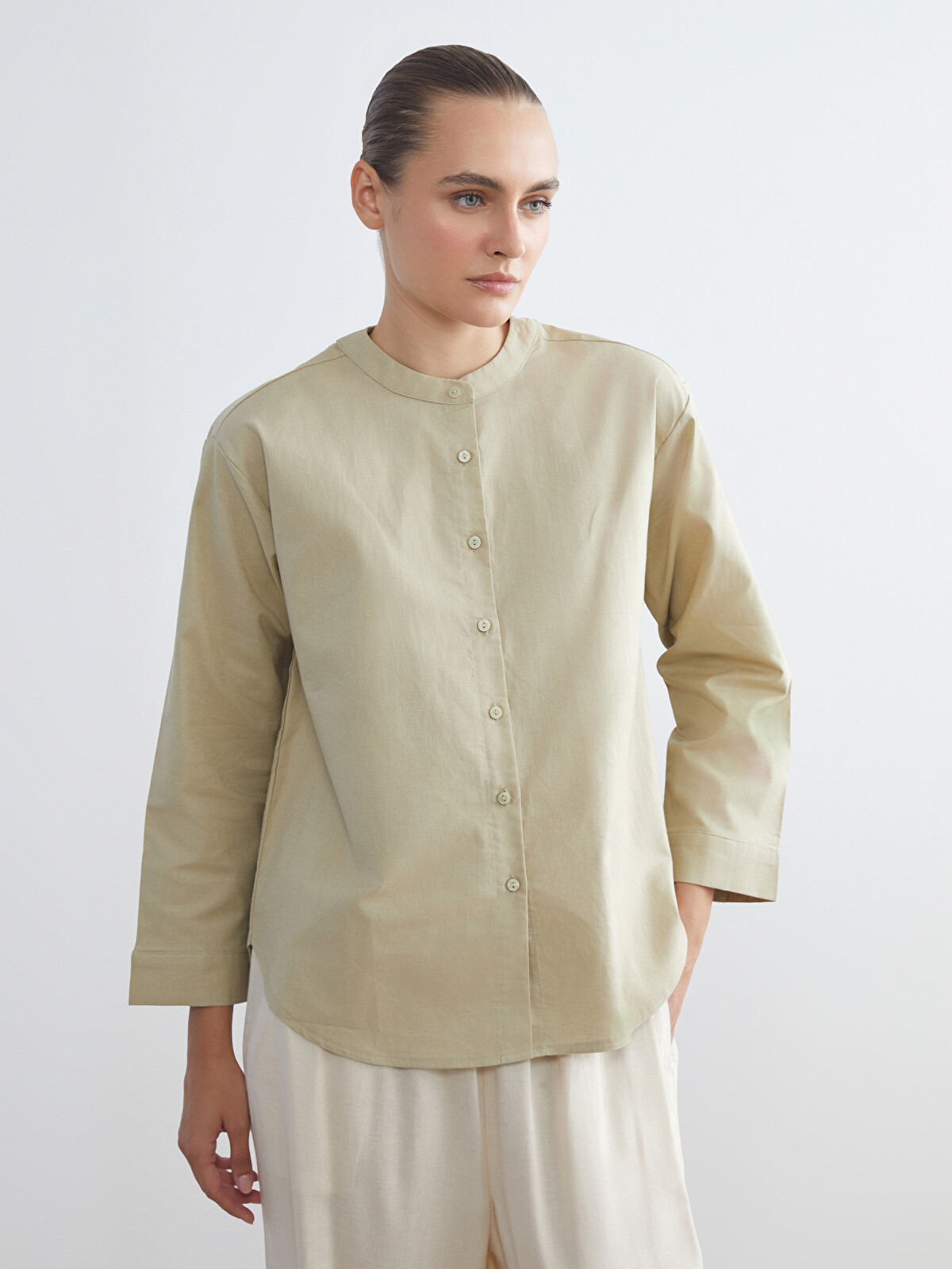 うめ LCWAIKIKI Classic Hakim Yaka Oversize Keten Karışımlı Kadın Gömlek
