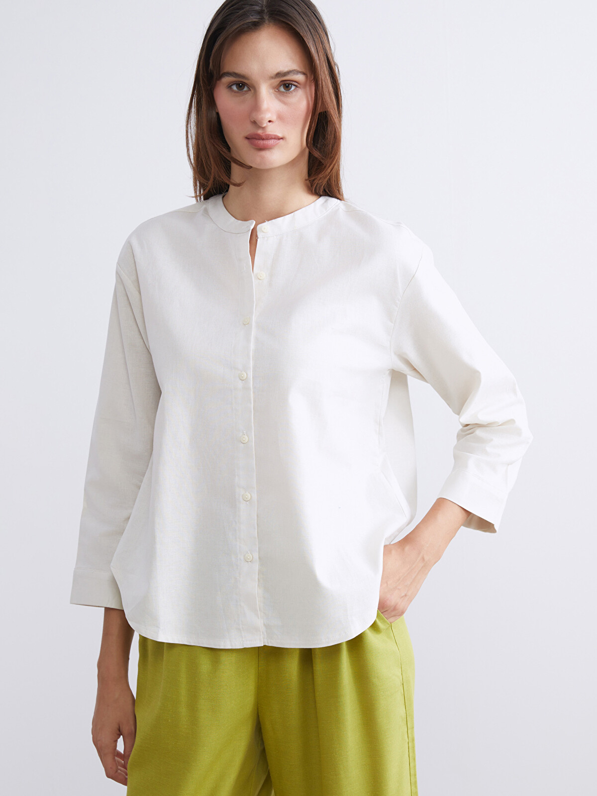 LCWAIKIKI Classic Grandad Collar Oversize Linen Blend Women's