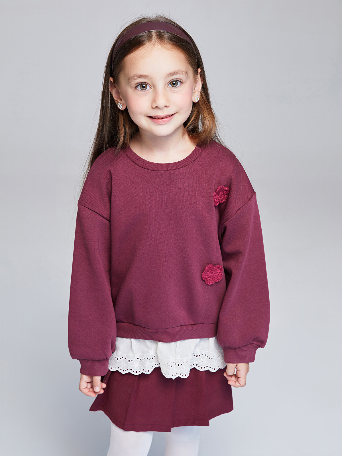 LCW Kids Bordo Bisiklet Yaka Çiçek Aplikeli Kız Çocuk Sweatshirt
