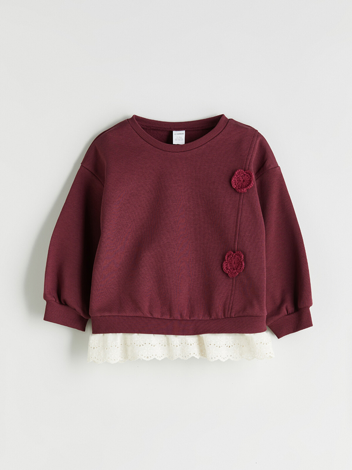 LCW Kids Bordo Bisiklet Yaka Çiçek Aplikeli Kız Çocuk Sweatshirt