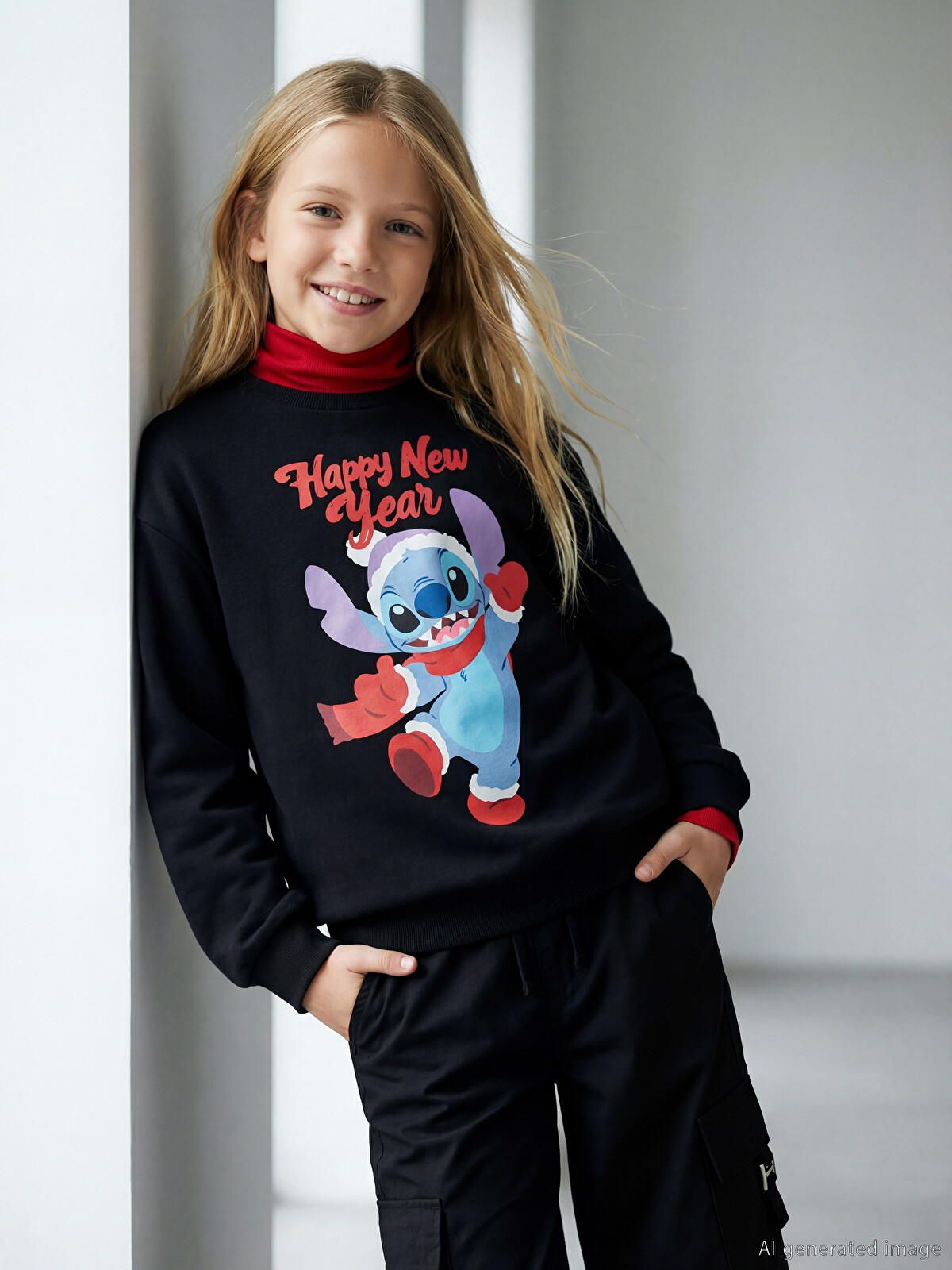 LCW Kids Stitch Printed New Year Themed Girls' Thick Sweatshirt LCW Kids Stitch Printed New Year Themed Girls' Thick Sweatshirt