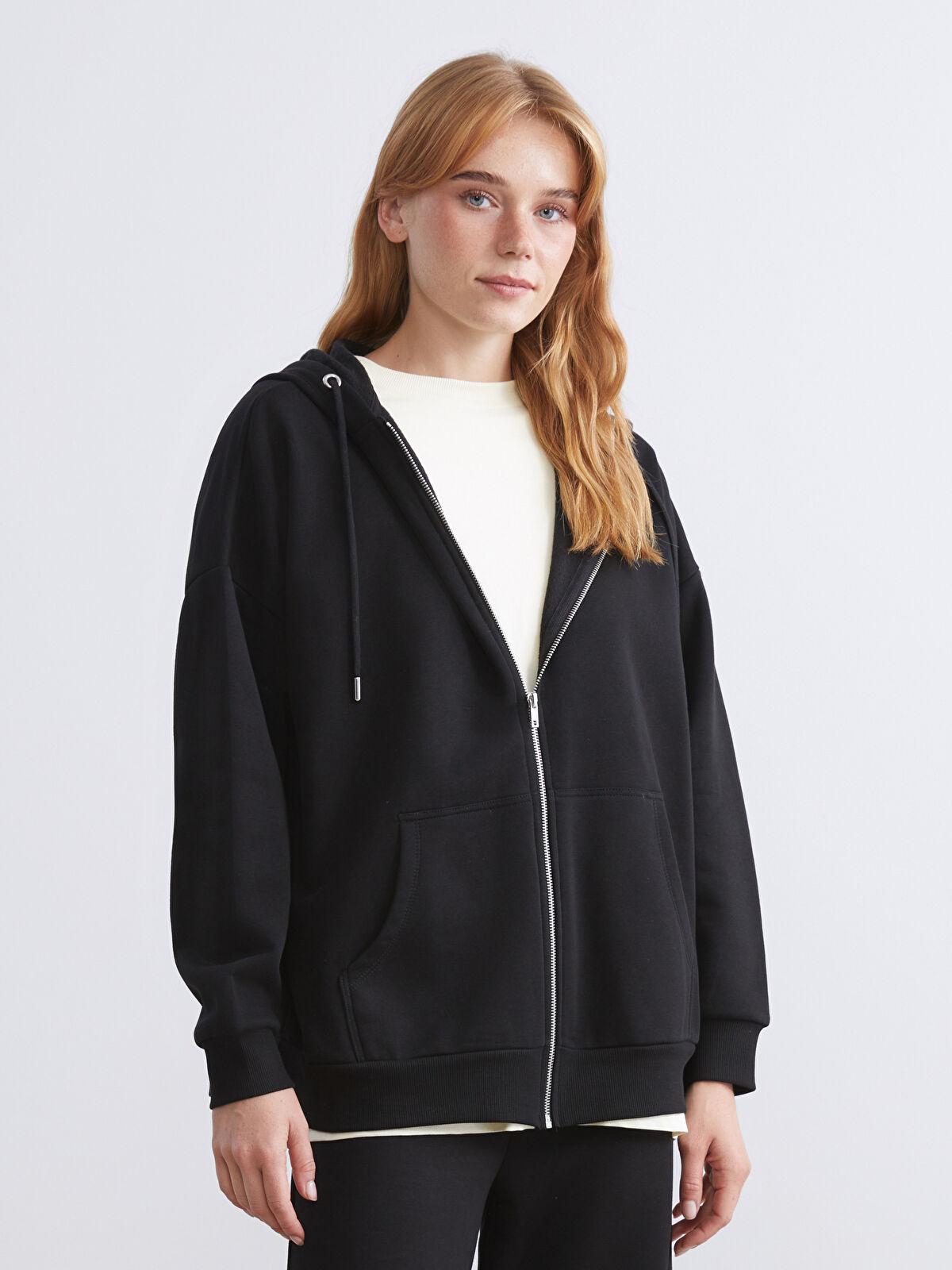 LCW Modest Siyah Oversize Kadın Kalın Fermuarlı Sweatshirt