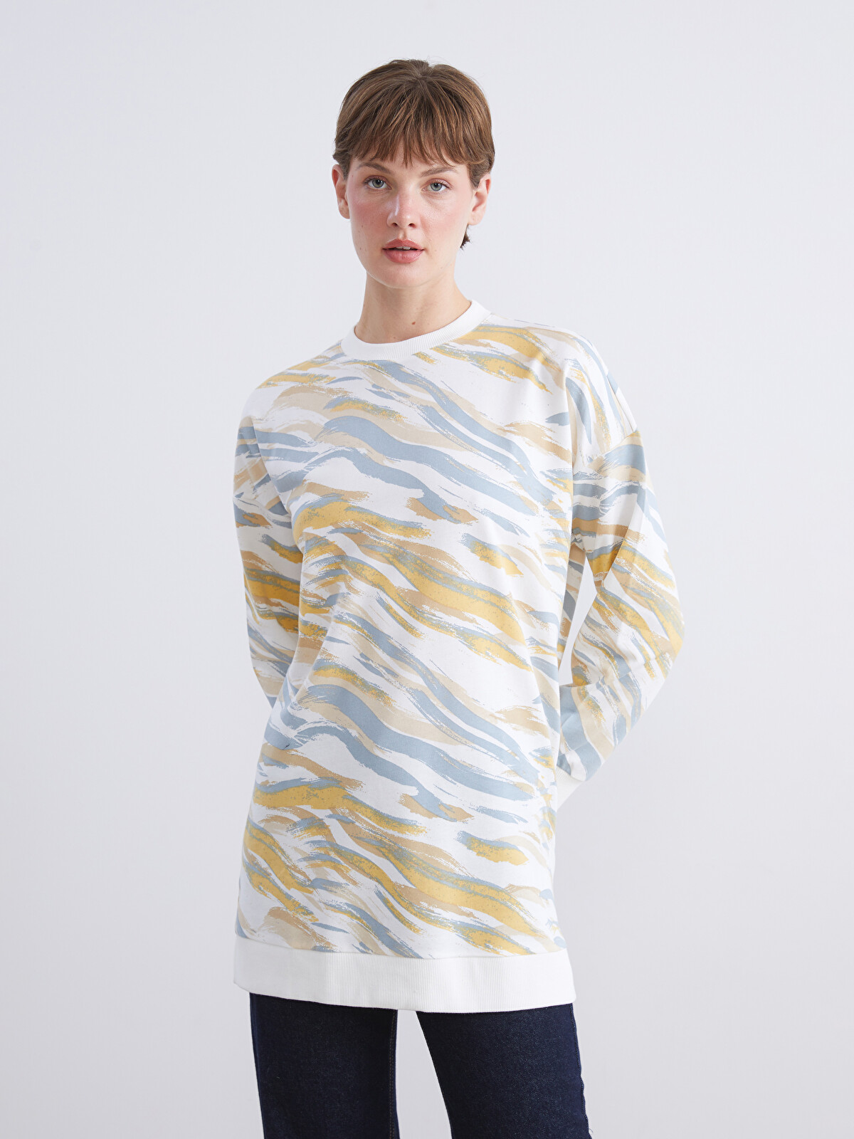 LCW Modest Mavi Bisiklet Yaka Desenli Kadın Sweatshirt Tunik