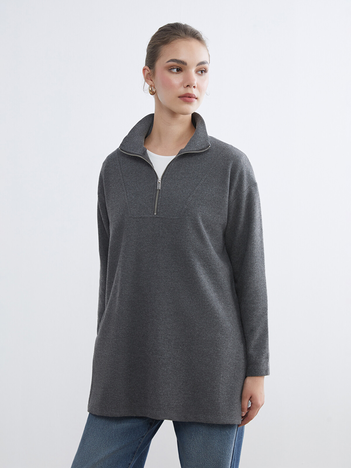 LCW Modest Antrasit Dik Yaka Kadın Sweatshirt Tunik - W5JC08Z8-CWN