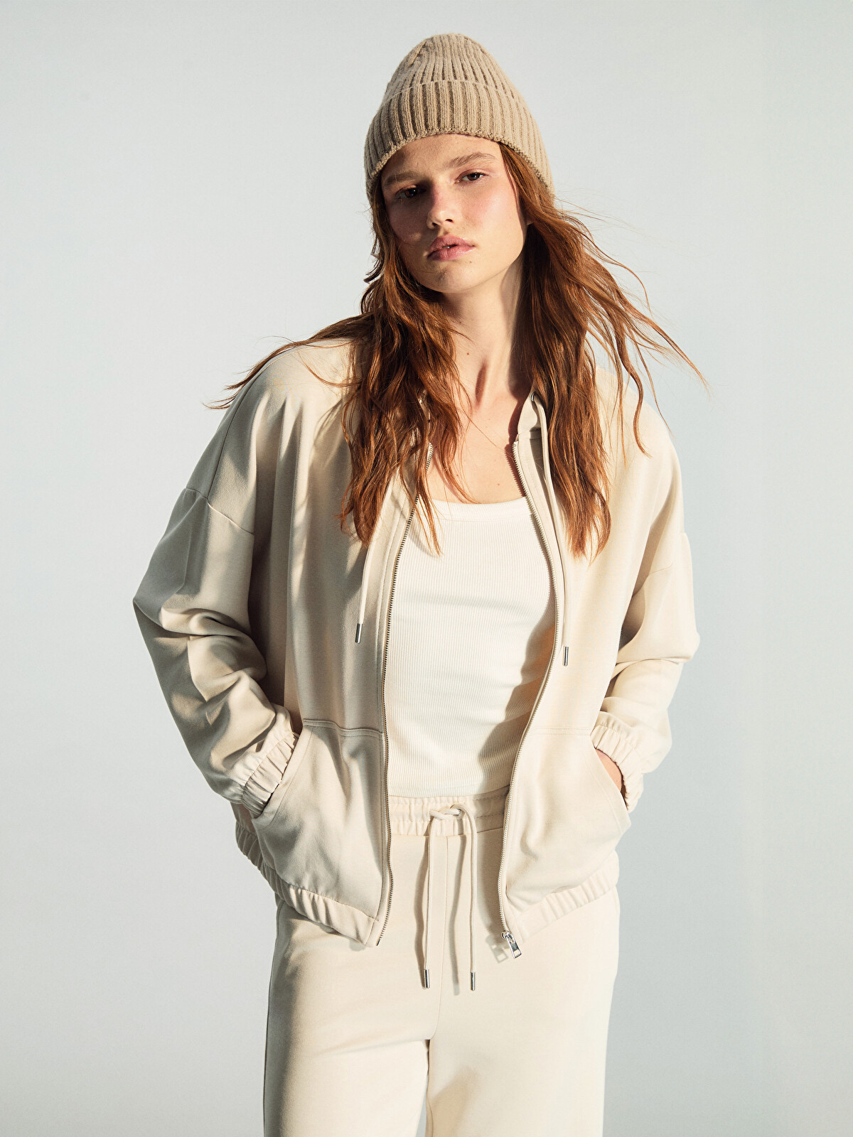XSIDE Bej Kapüşonlu Oversize Kadın Fermuarlı Sweatshirt - W5JD25Z8