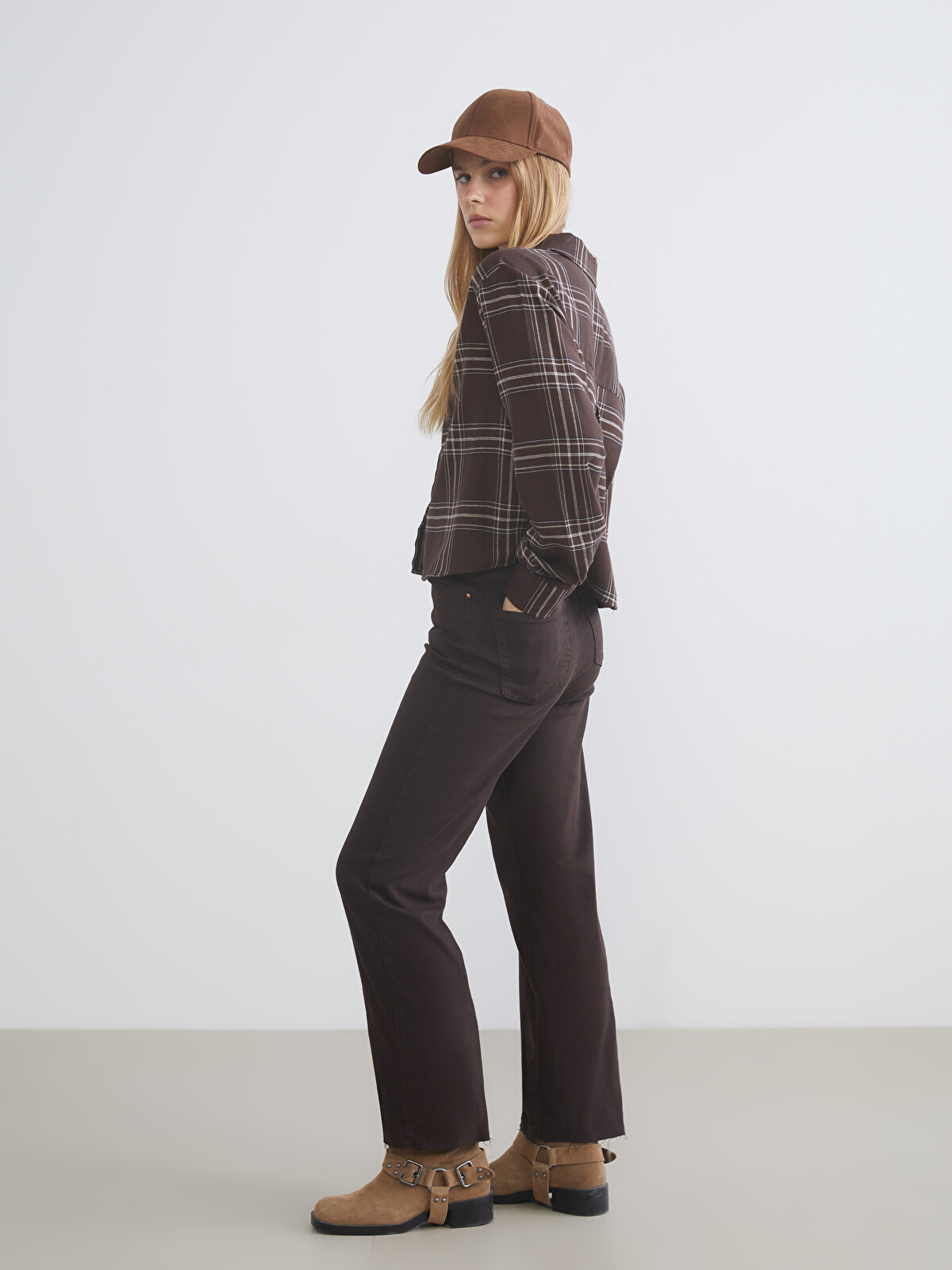 XSIDE Kahverengi Denim Düz Straight & Düz Yüksek Bel Düz Paça