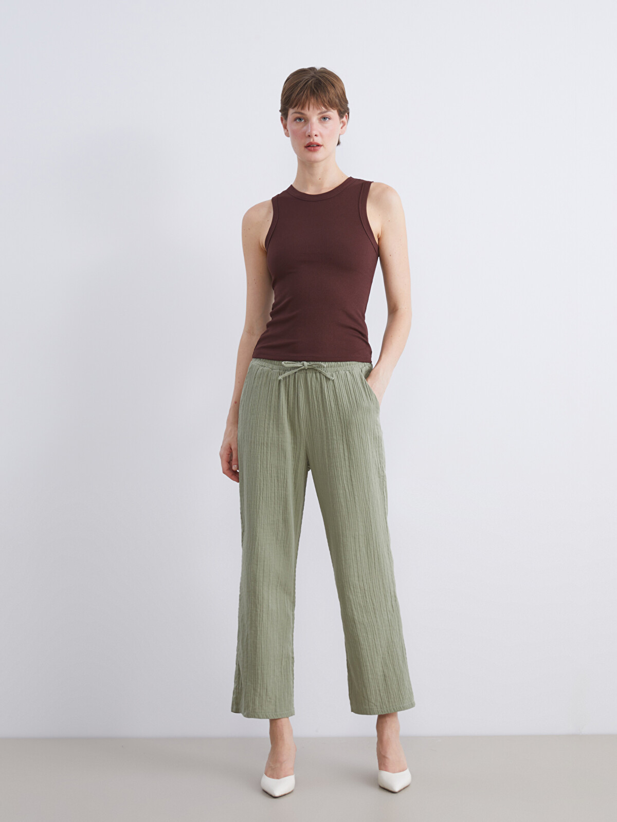 LCW Comfort Haki Gofre Düz Pantolon - W5JE63Z8-CS5 | LCW