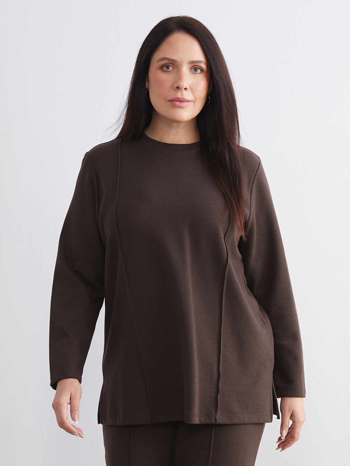 toony 様 長袖 LCW Modest Kahverengi Büyük Beden Bisiklet Yaka Kadın Sweatshirt