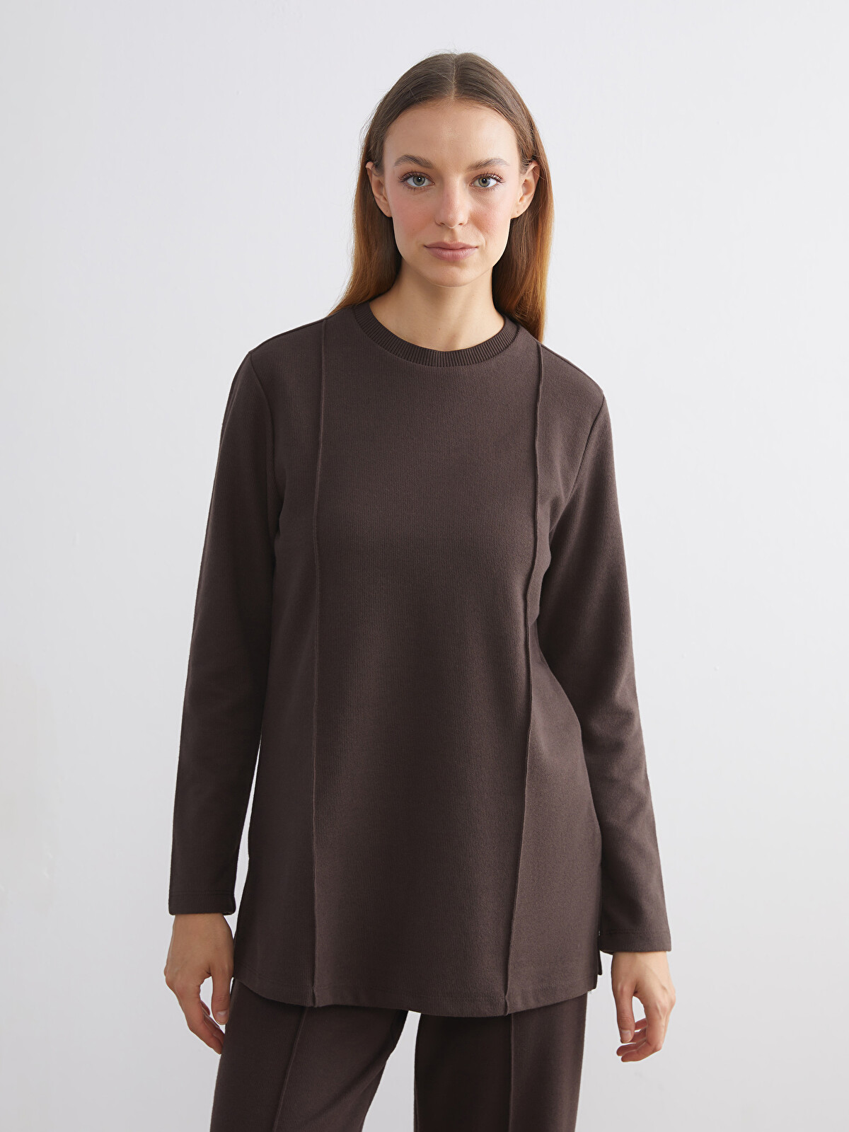 LCW Modest Kahverengi Büyük Beden Bisiklet Yaka Kadın Sweatshirt