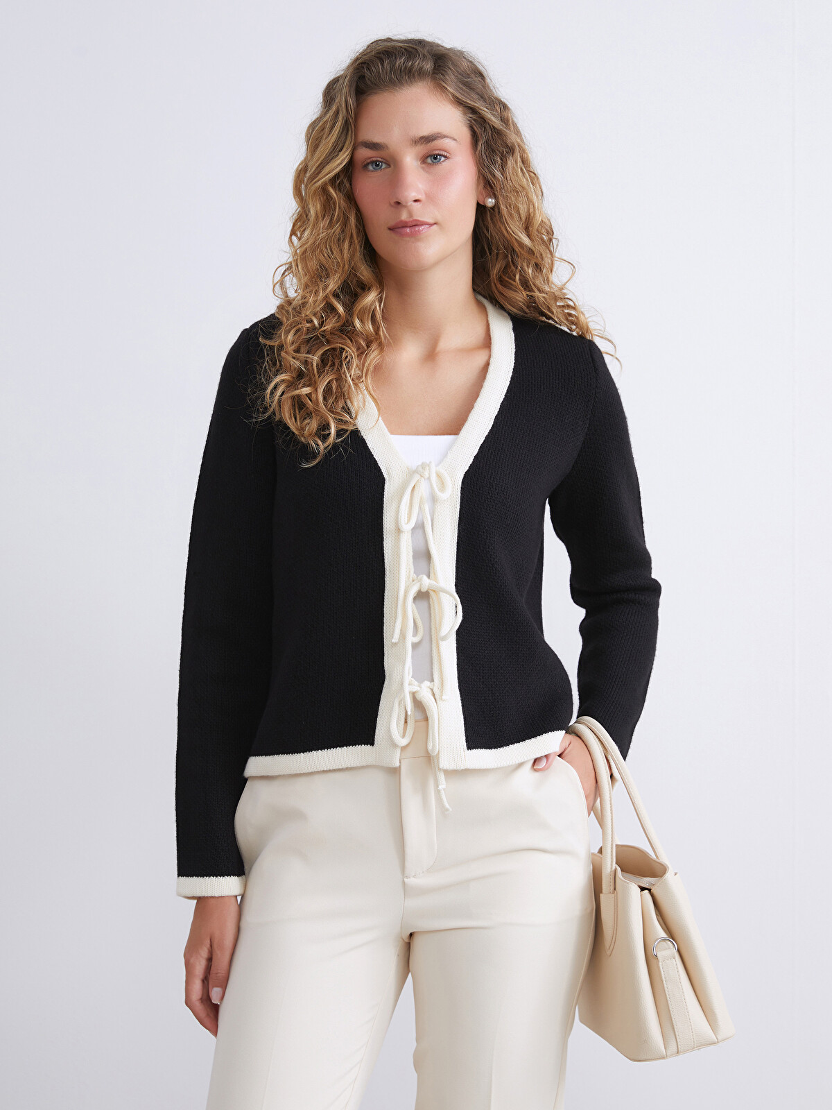 LCW Modest V Neck Tie Detail Women's Knitwear Cardigan - W5JJ33Z8