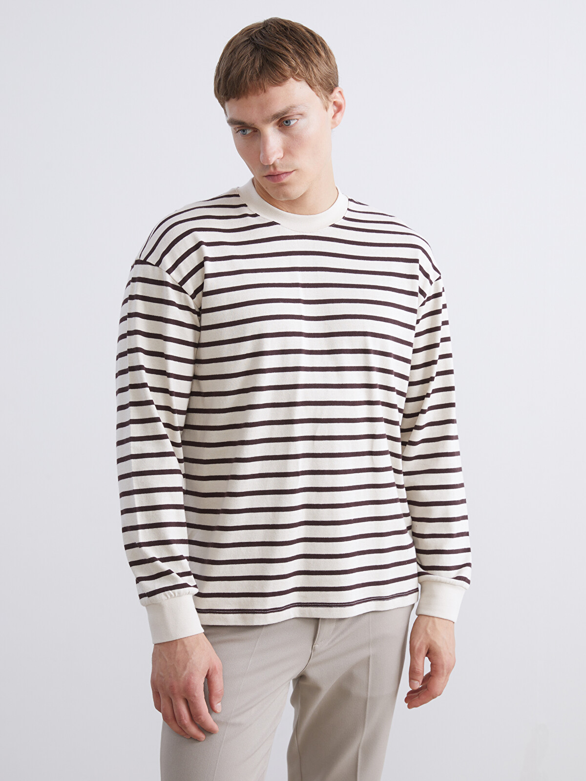LCW Vision Kahverengi Çizgili Uzun Kollu Erkek Sweatshirt