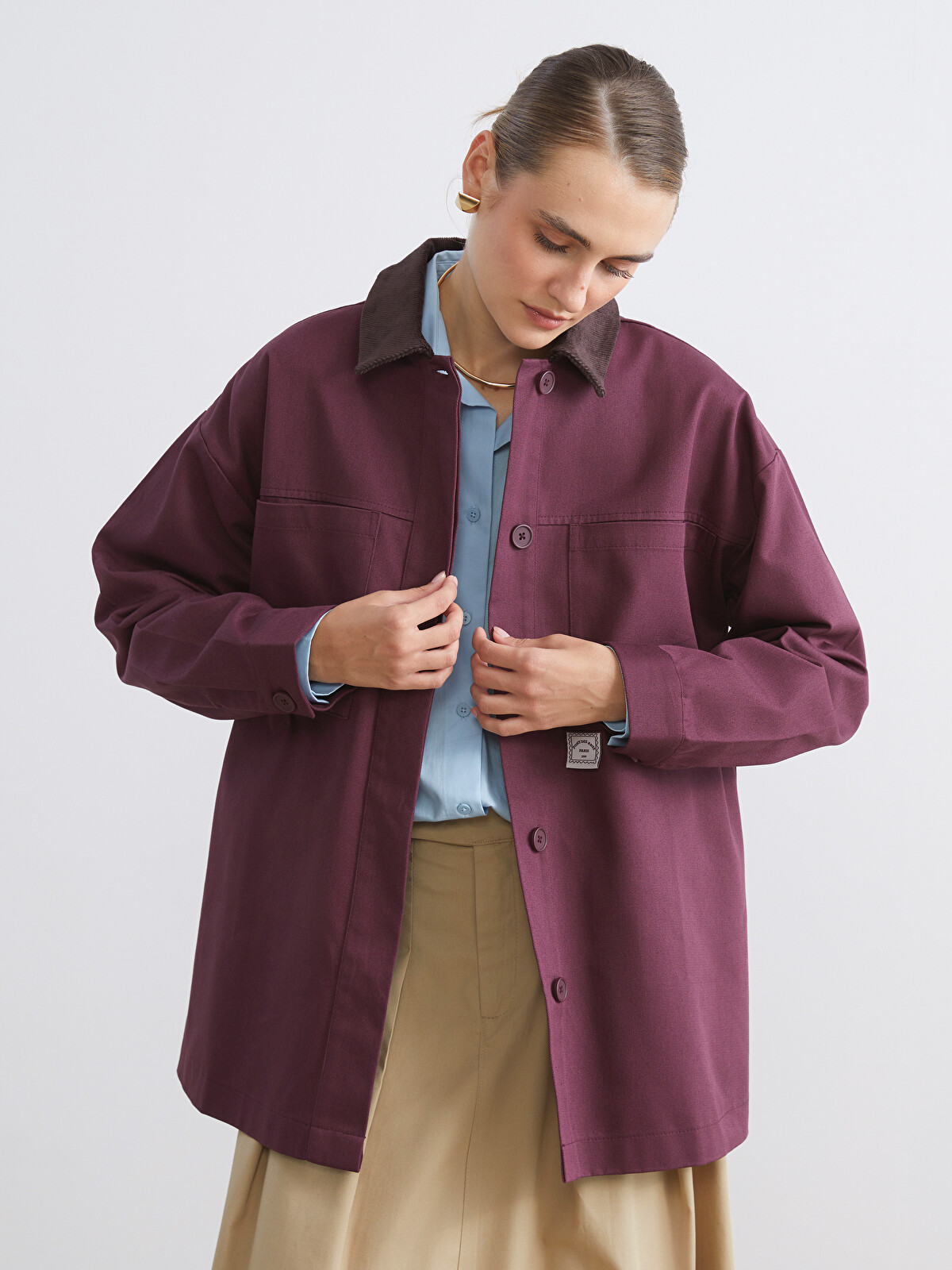 LCW Modest Kadife Yaka Oversize Kadın Ceket - W5JT70Z8-D5Z | LC