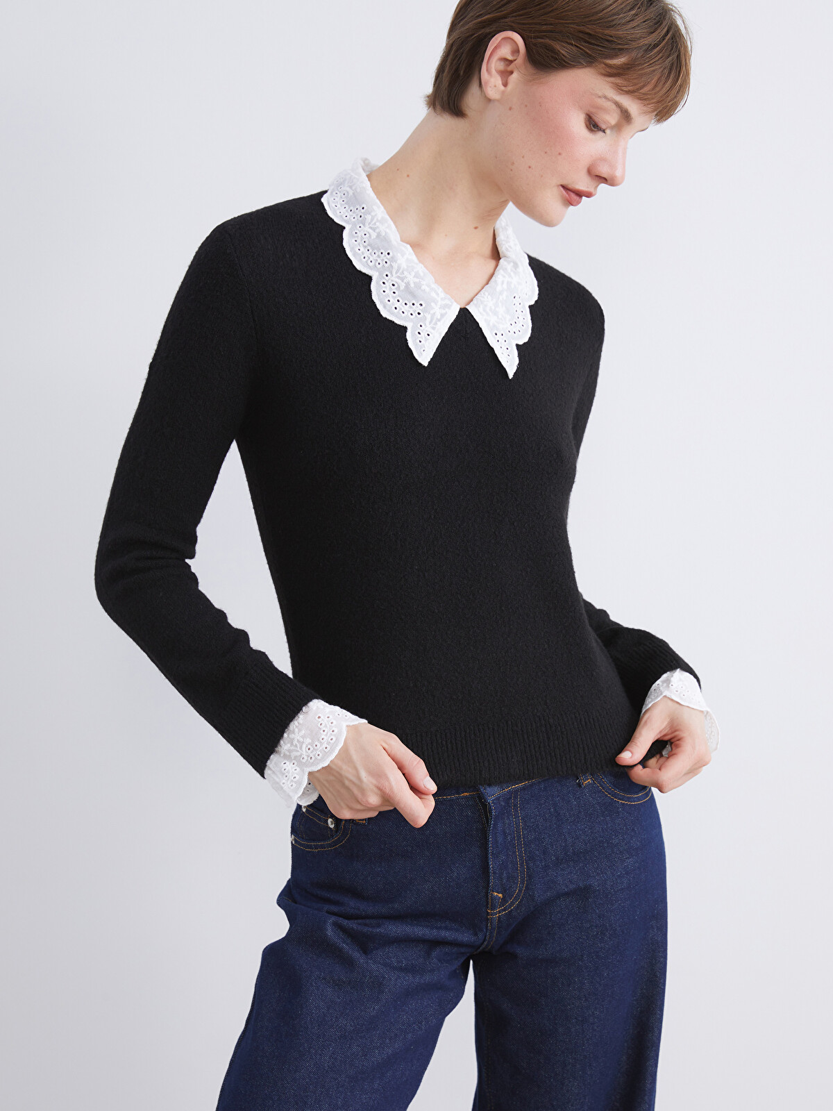 LCW Comfort Dantelli Bebe Yaka Kadın Triko Kazak - W5JT94Z8-CVL | LCW