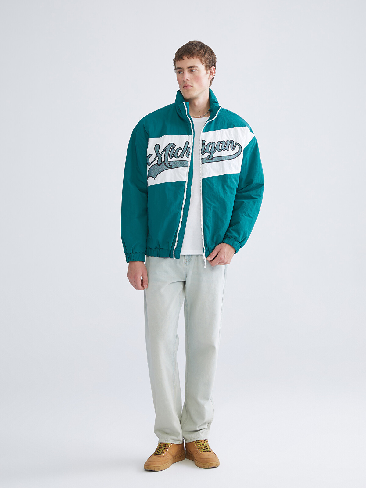 WACKOMARIA ジップアップジャケット　ジャージ　 ホワイト×グリーン XSIDE Relaxed Fit Mock Neck Men's Jacket - W5JV74Z8-J1W | LC Waikiki