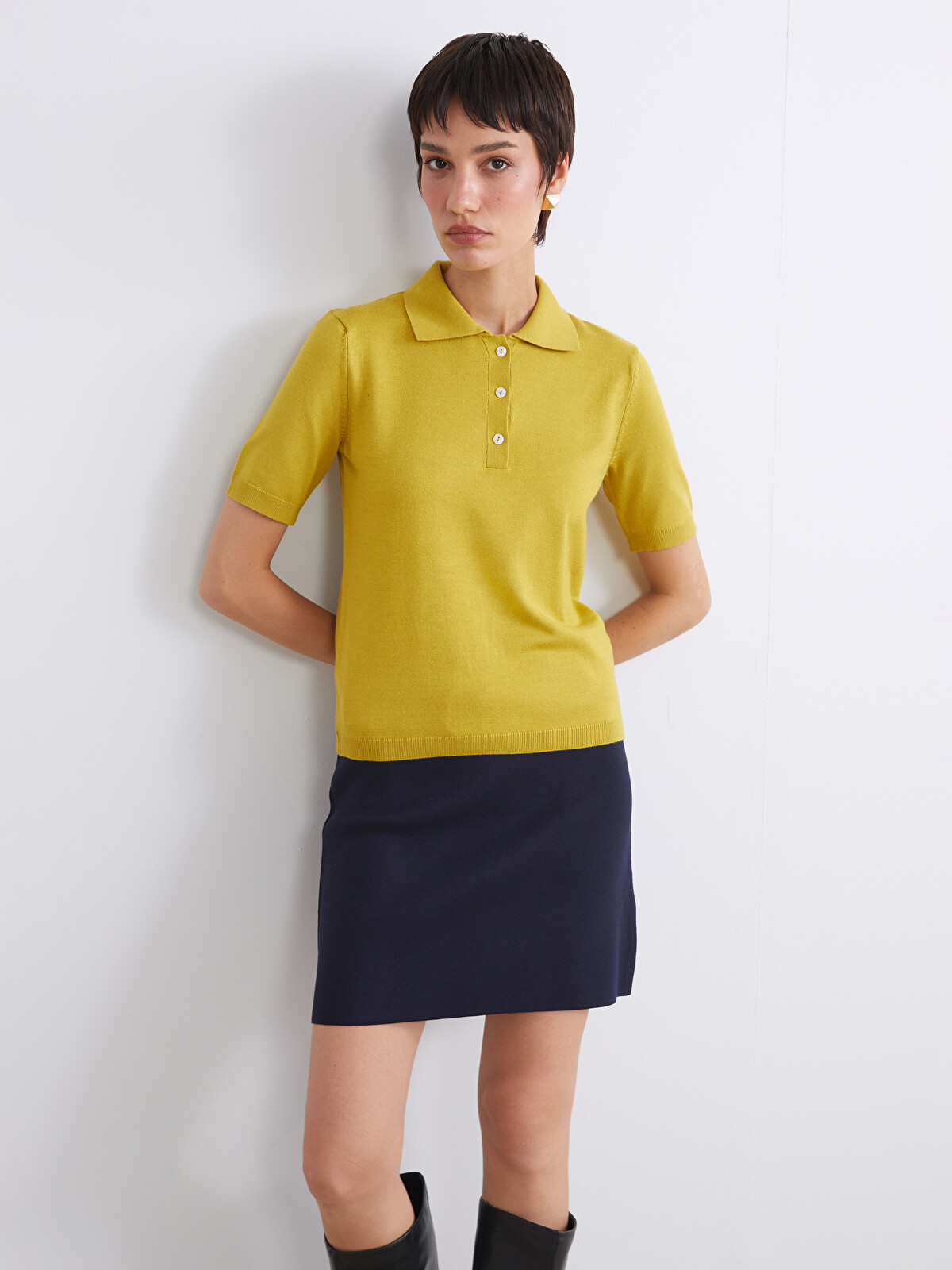 LCW Vision Yeşil Polo Yaka Kadın Triko Kazak - W5JV76Z8-DMK | LCW
