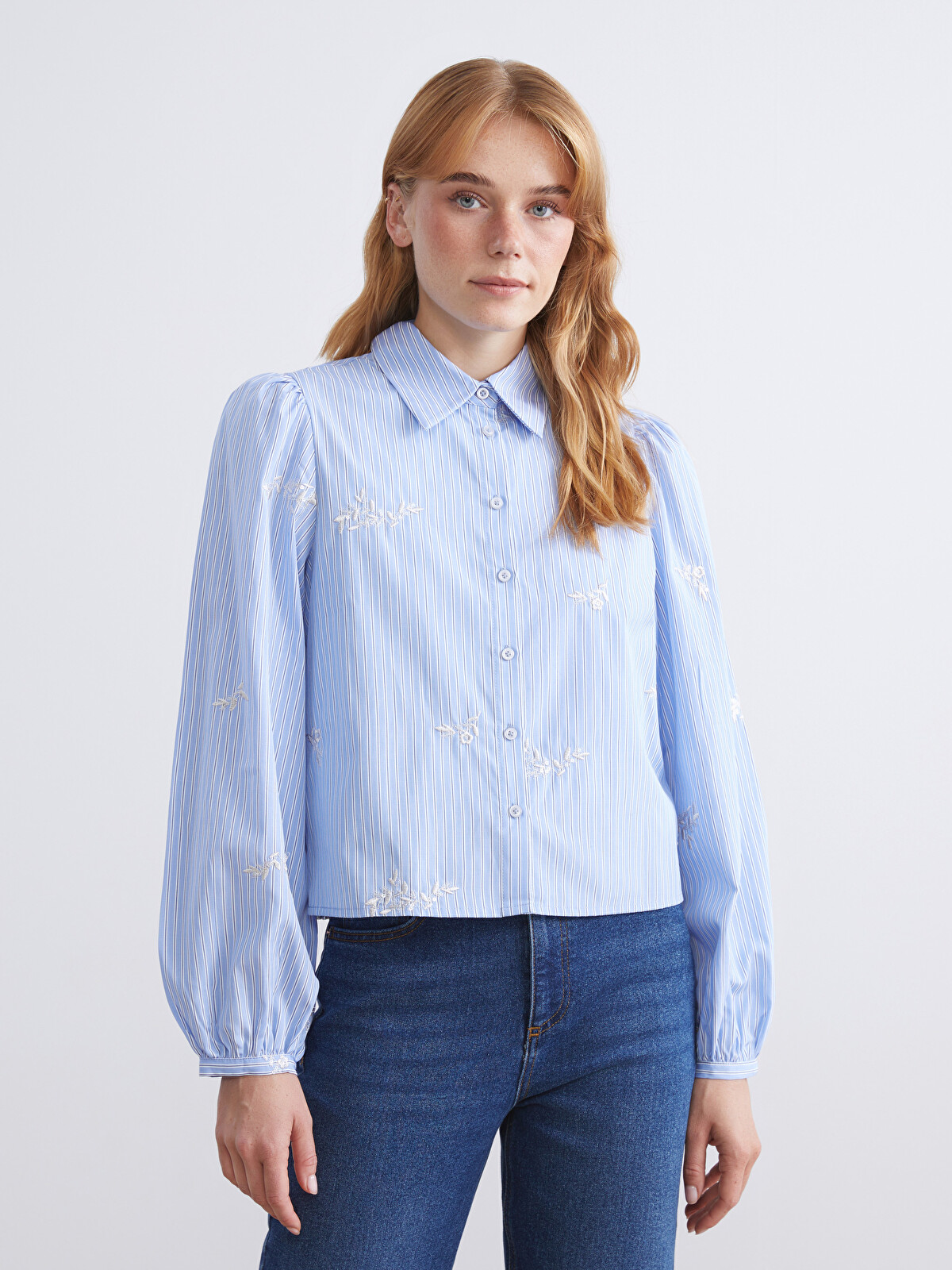 LCW Modest Çizgili Crop Kadın Gömlek - W5K376Z8-LEN | LC Waikiki