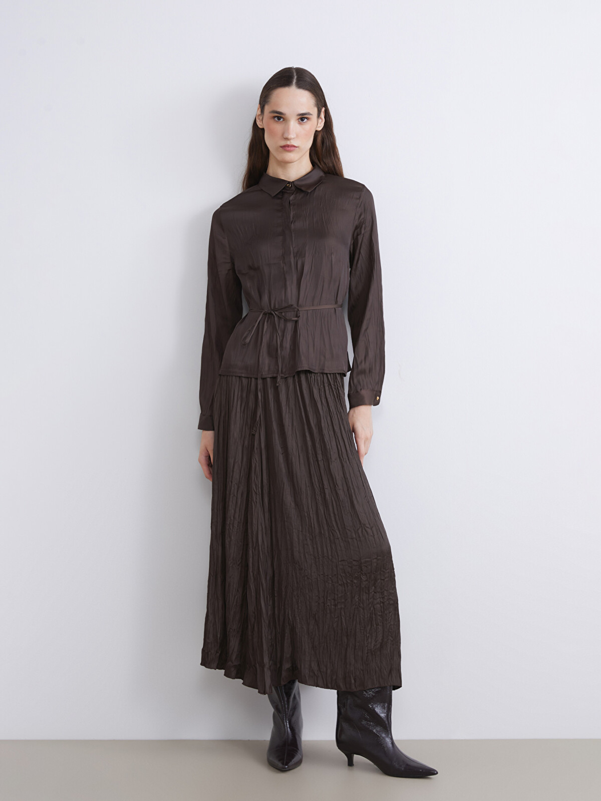 LCW Modest Kahverengi Beli Lastikli Saten Pileli Etek - W5K466Z8