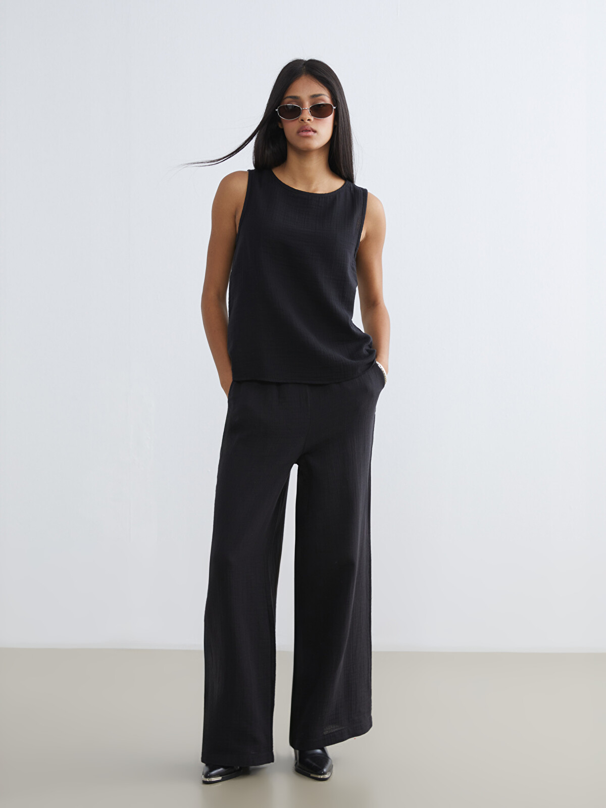 XSIDE Elastic Waist Textured Muslin Women's Trousers - W5K915Z8