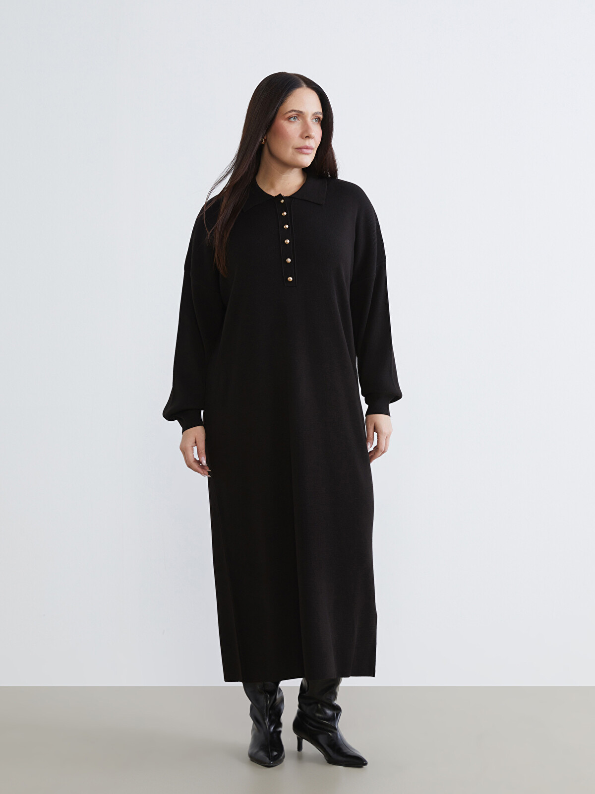 LCW Modest Siyah Polo Yaka Triko Elbise - W5K933Z8-CVL | LCW