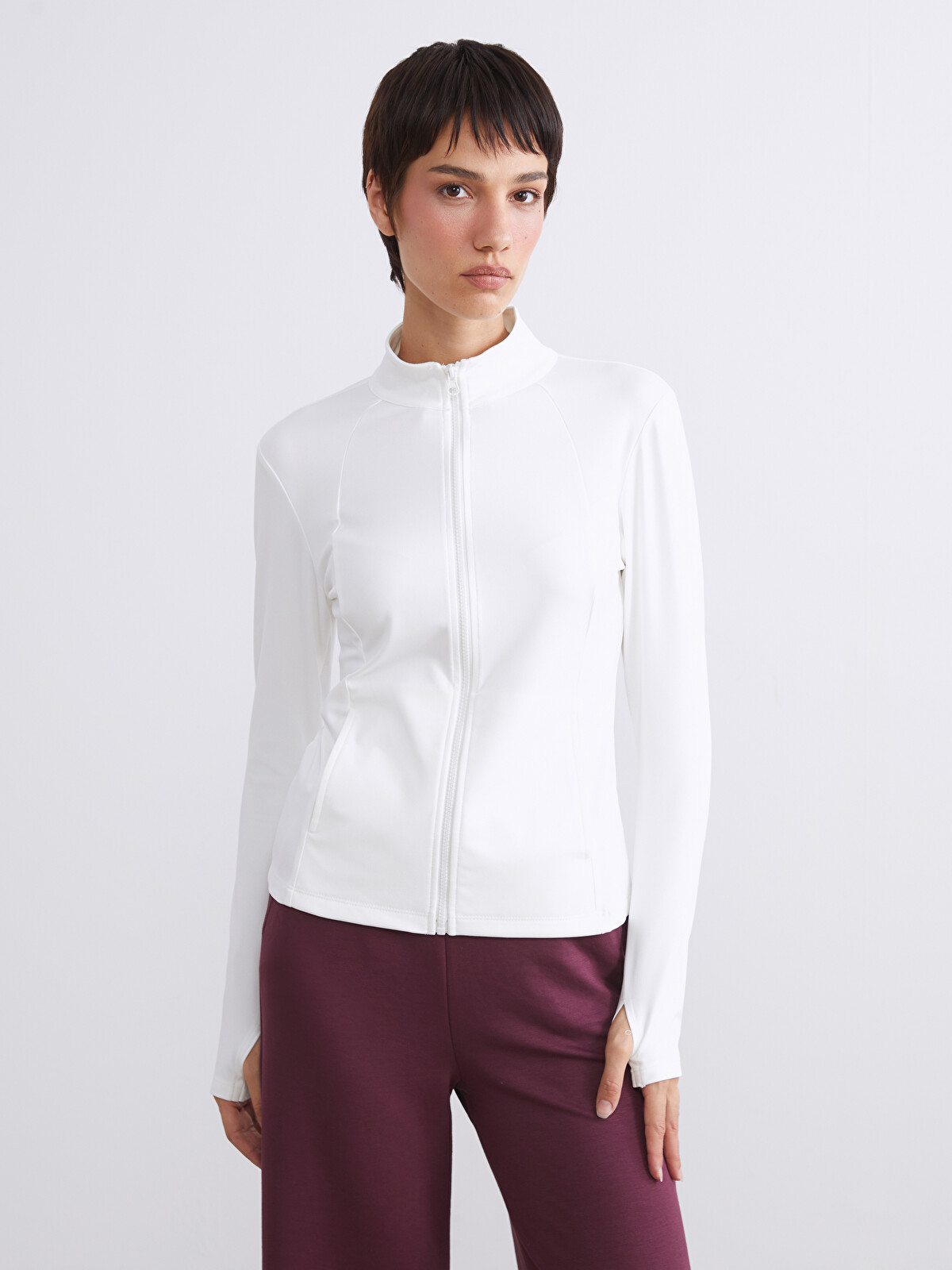 KOOR SPORT Dik Yaka Parmak Geçmeli Kadın Fermuarlı Sweatshirt