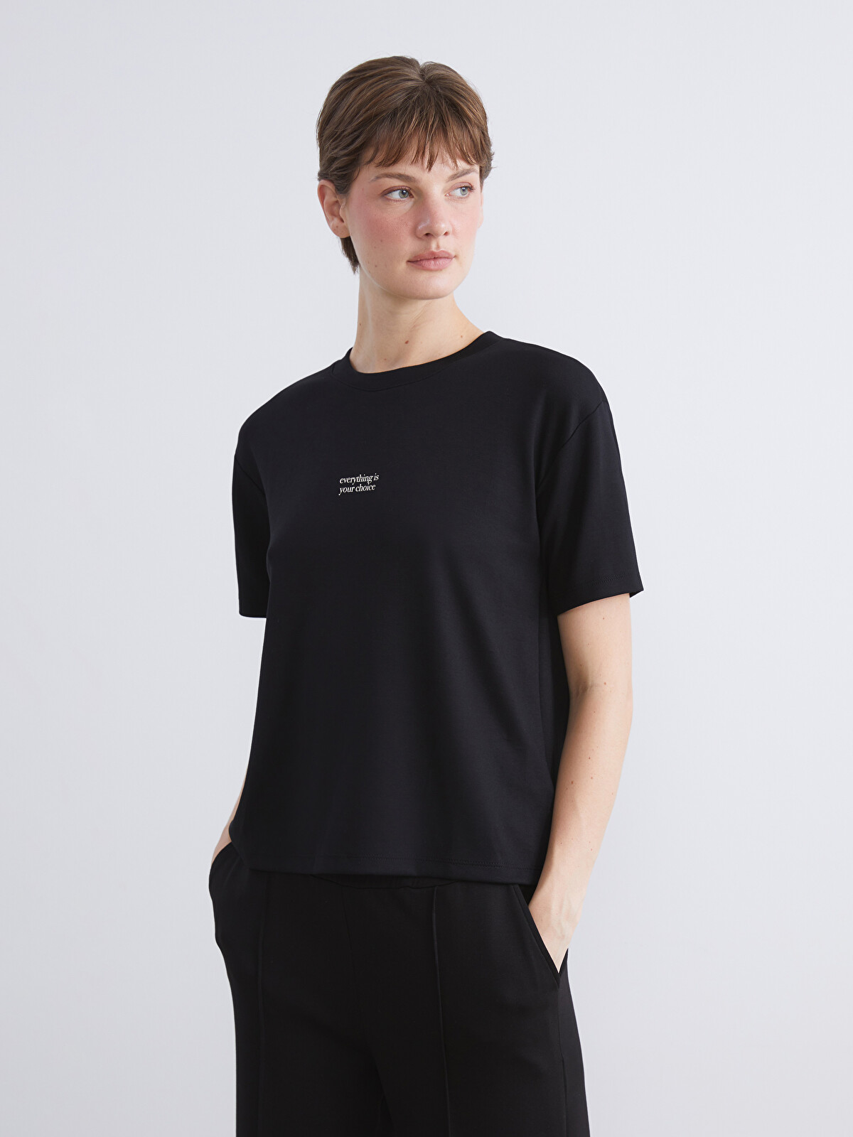 LCW Comfort Bisiklet Yaka Baskılı Kadın Tişört - W5KI29Z8-CVL | LC