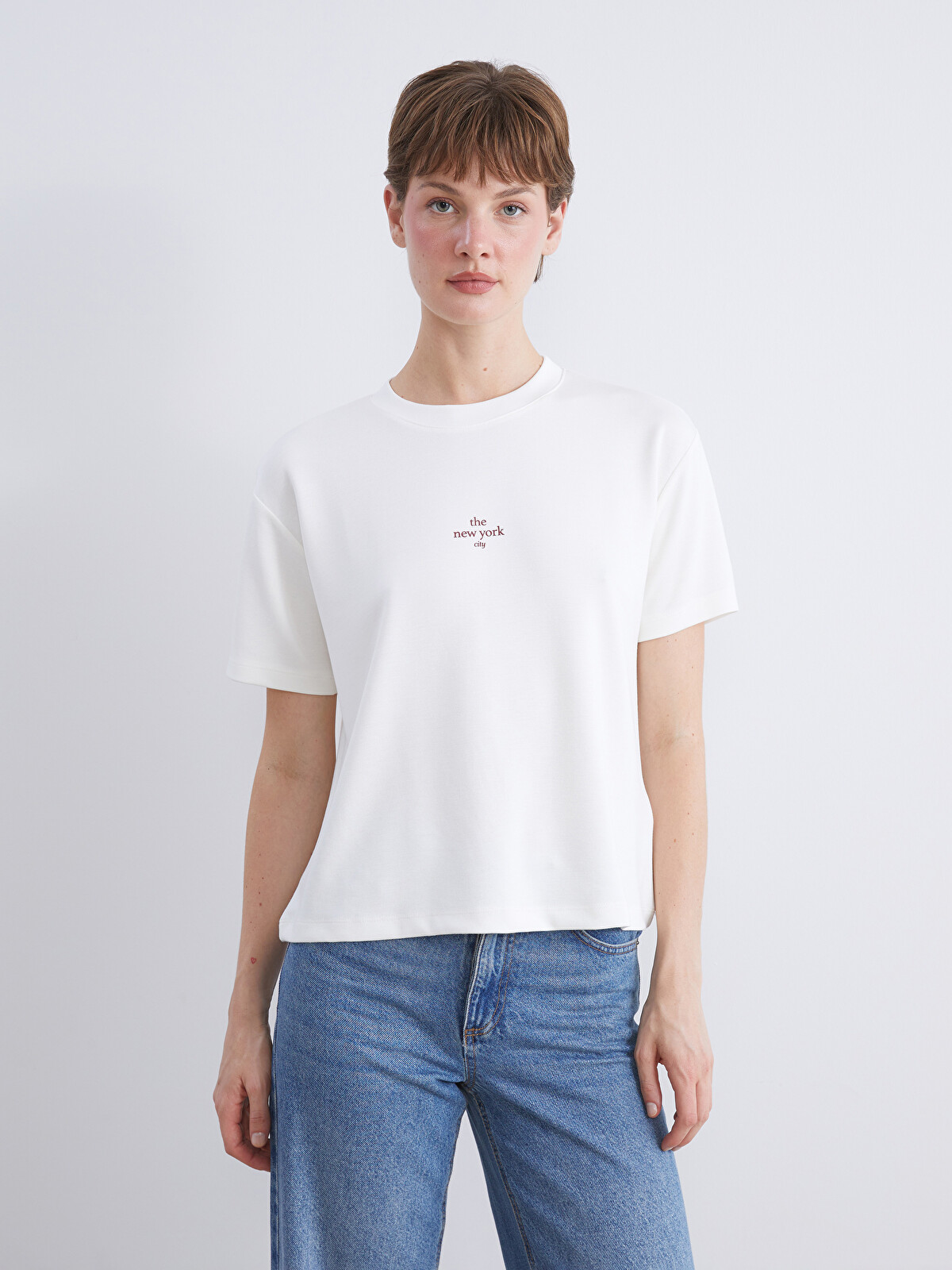 洋楽 KNIT WIT - DA KROW LCW Comfort Bisiklet Yaka New York Baskılı Kadın Tişört - W5KI29Z8
