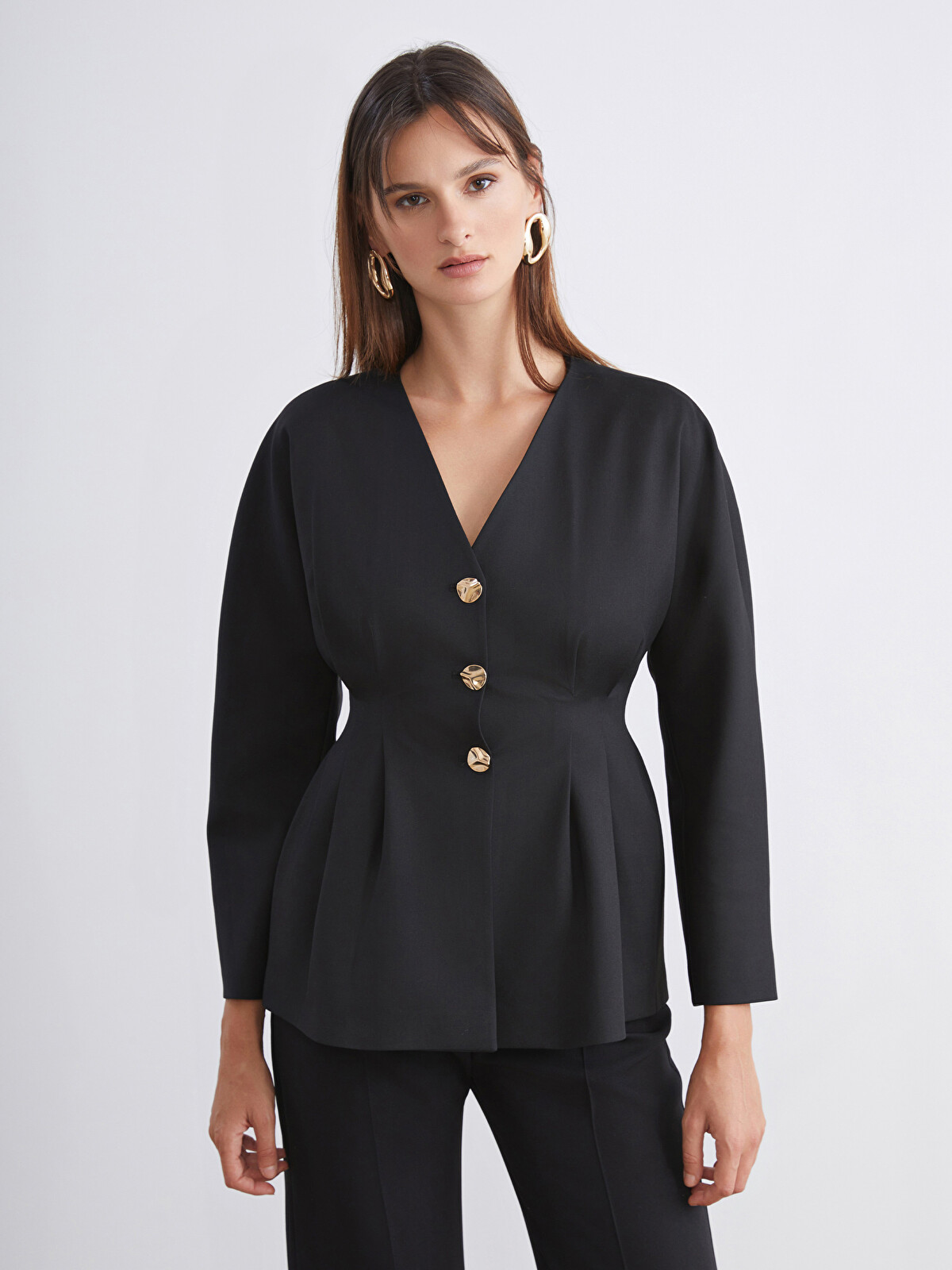 Soulife Siyah V Yaka Peplum Kadın Ceket - W5KR75Z8-CVL | LCW