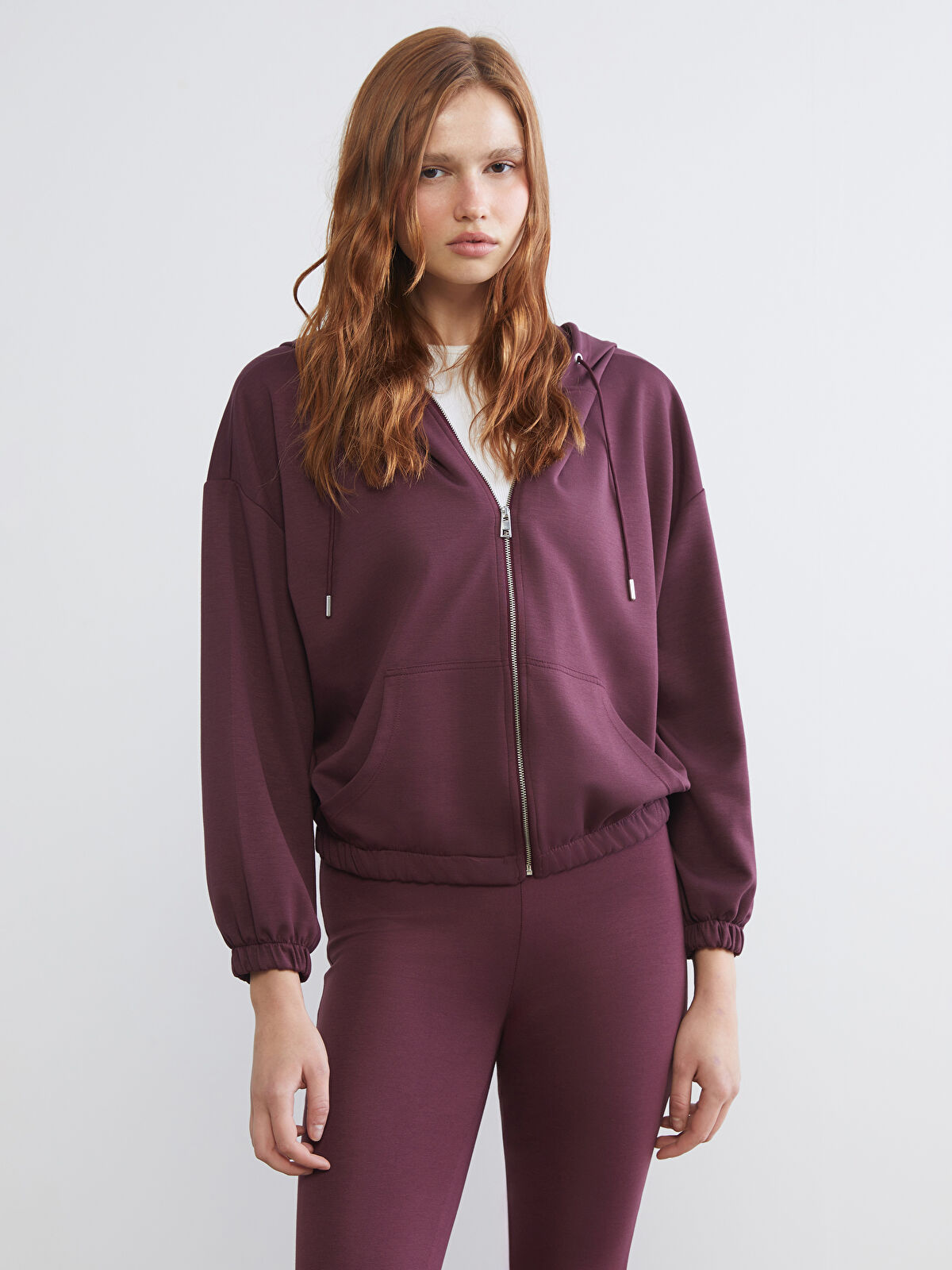 XSIDE Mürdüm Kapüşonlu Oversize Kadın Fermuarlı Sweatshirt