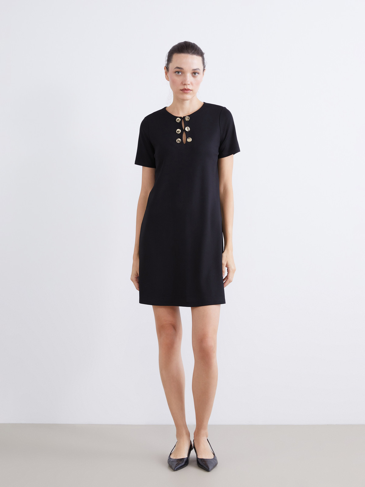 LCW Comfort Siyah Krep Düz Elbise - W5KY37Z8-CVL | LCW