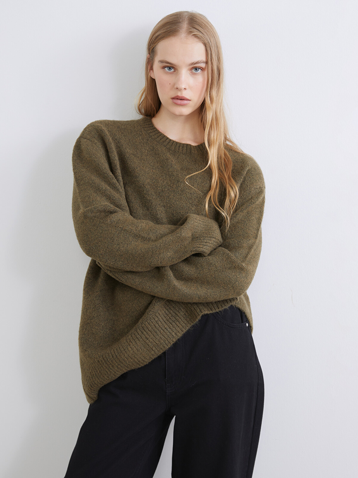 XSIDE Haki Bisiklet Yaka Oversize Kadın Triko Kazak - W5L692Z8-CWH