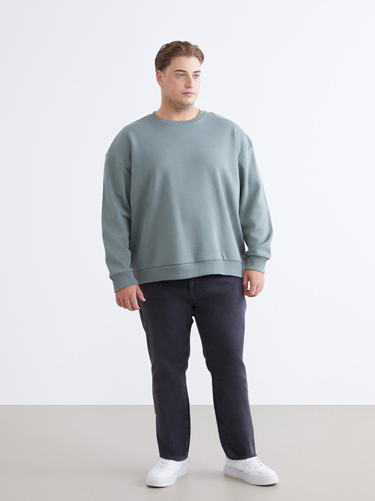 XSIDE Yeşil Büyük Beden Bisiklet Yaka Erkek Sweatshirt - W5L911Z8