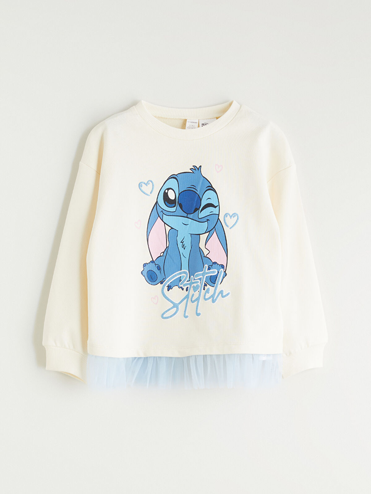 LCW Kids Ekru Bisiklet Yaka Stitch Baskılı Kız Çocuk Sweatshirt