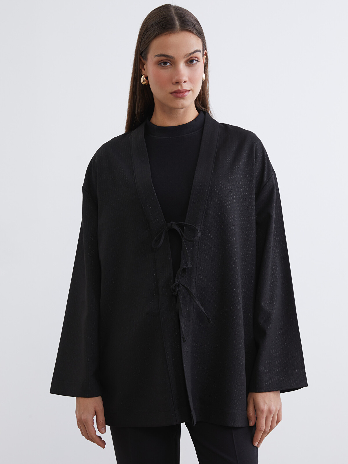 LCW Modest Siyah Şal Yaka Çizgili Oversize Kadın Kimono - W5LF18Z8